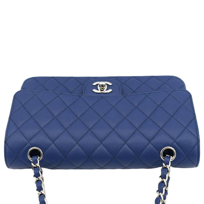 CHANEL Classic Medium Flap Quilted Caviar Leather Shoulder Bag Blue