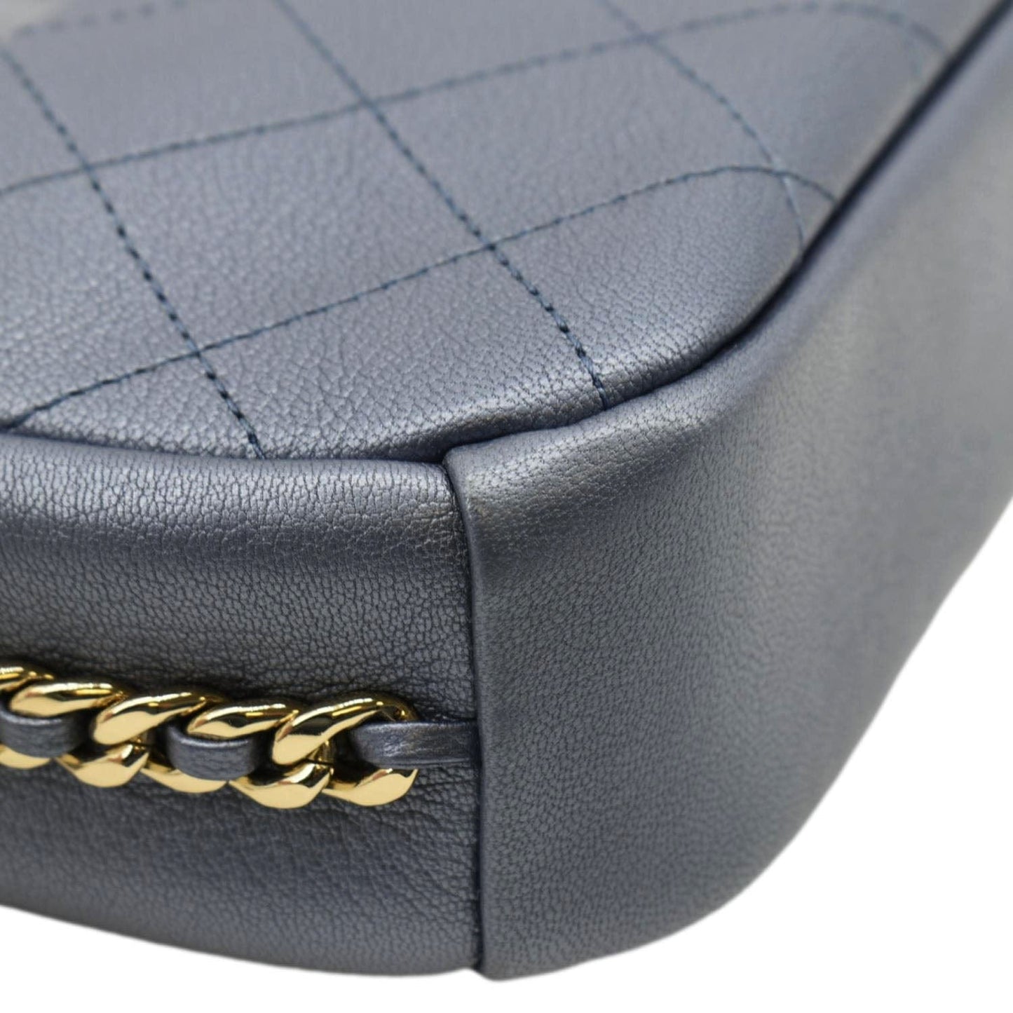 CHANEL Casual Trip Camera Small Metallic Leather Crossbody Bag Blue