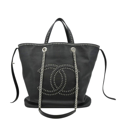 CHANEL Coco Eyelets Large Leather Shopping Tote Shoulder  Black
