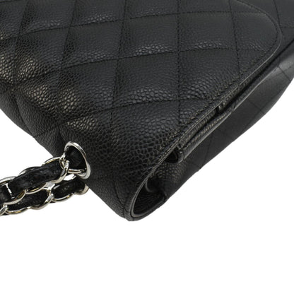 CHANEL Classic Jumbo  Double Flap Quilted Caviar Leather Shoulder Bag Black