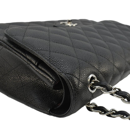 CHANEL Classic Jumbo  Double Flap Quilted Caviar Leather Shoulder Bag Black