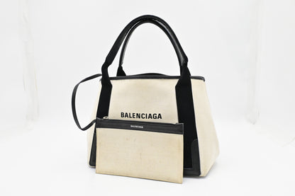 Balenciaga Medium Navy Cabas Tote in Ecru and Black Canvas