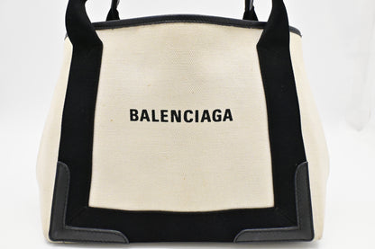 Balenciaga Medium Navy Cabas Tote in Ecru and Black Canvas