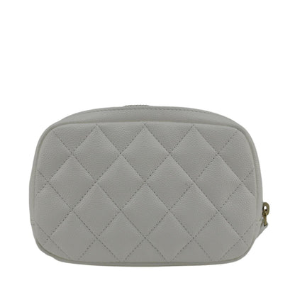 CHANEL Curvy Small Quilted Caviar Leather Cosmetic Pouch White