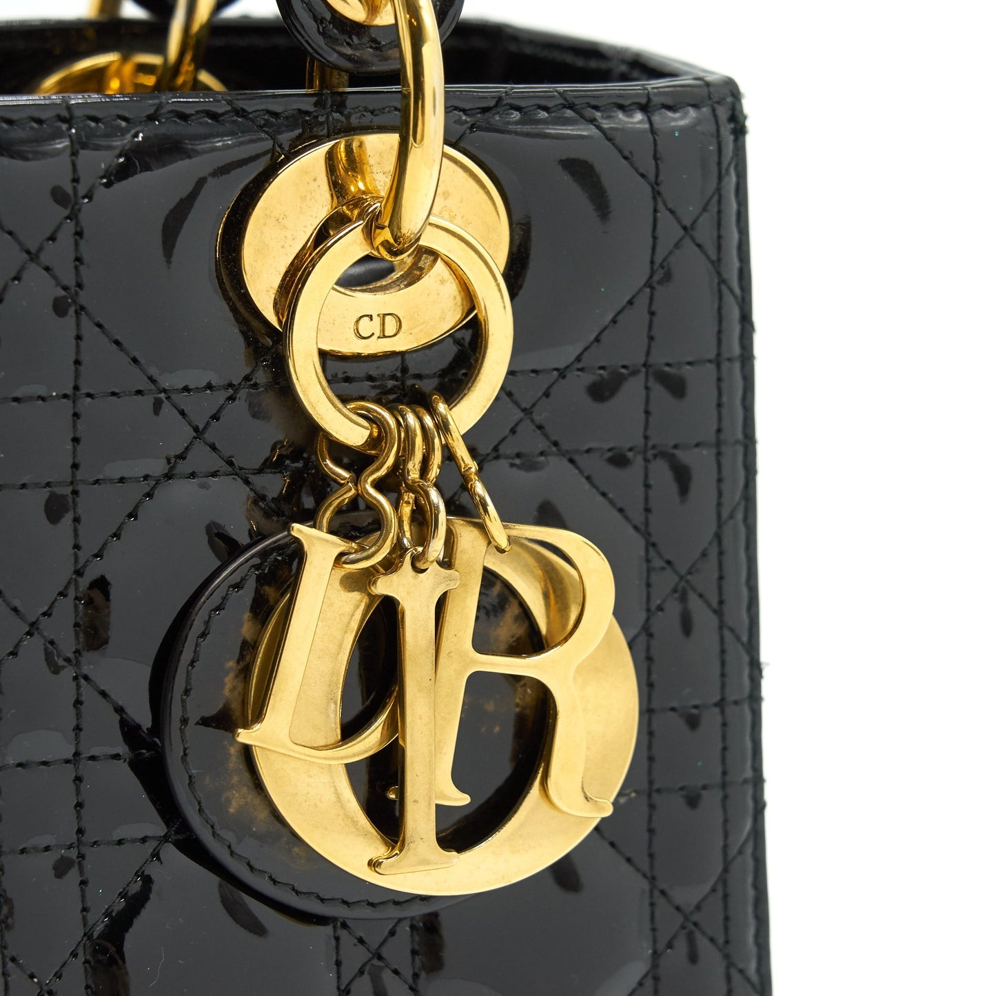 CHRISTIAN DIOR BLACK PATENT LEATHER MEDIUM LADY DIOR