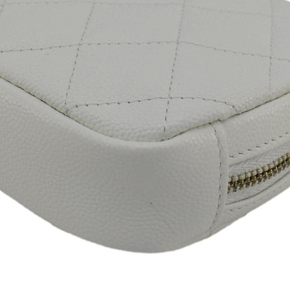 CHANEL Curvy Small Quilted Caviar Leather Cosmetic Pouch White