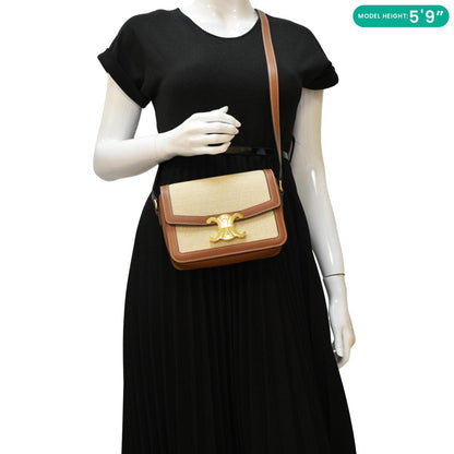 CELINE Triomphe Medium Leather Textile Shoulder Bag Light Brown