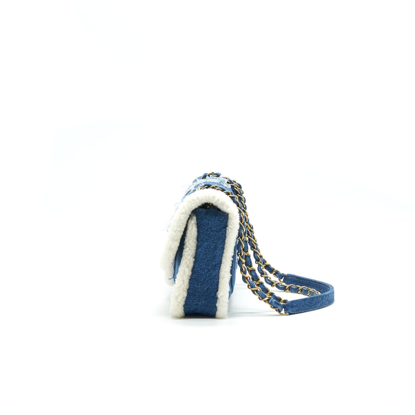 CHANEL Denim Shearling Hieroglyph Flap Blue