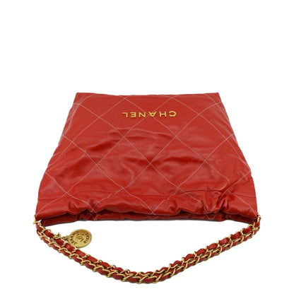 CHANEL 22 Large Shiny Calfskin Quilted Leather Tote Bag Red