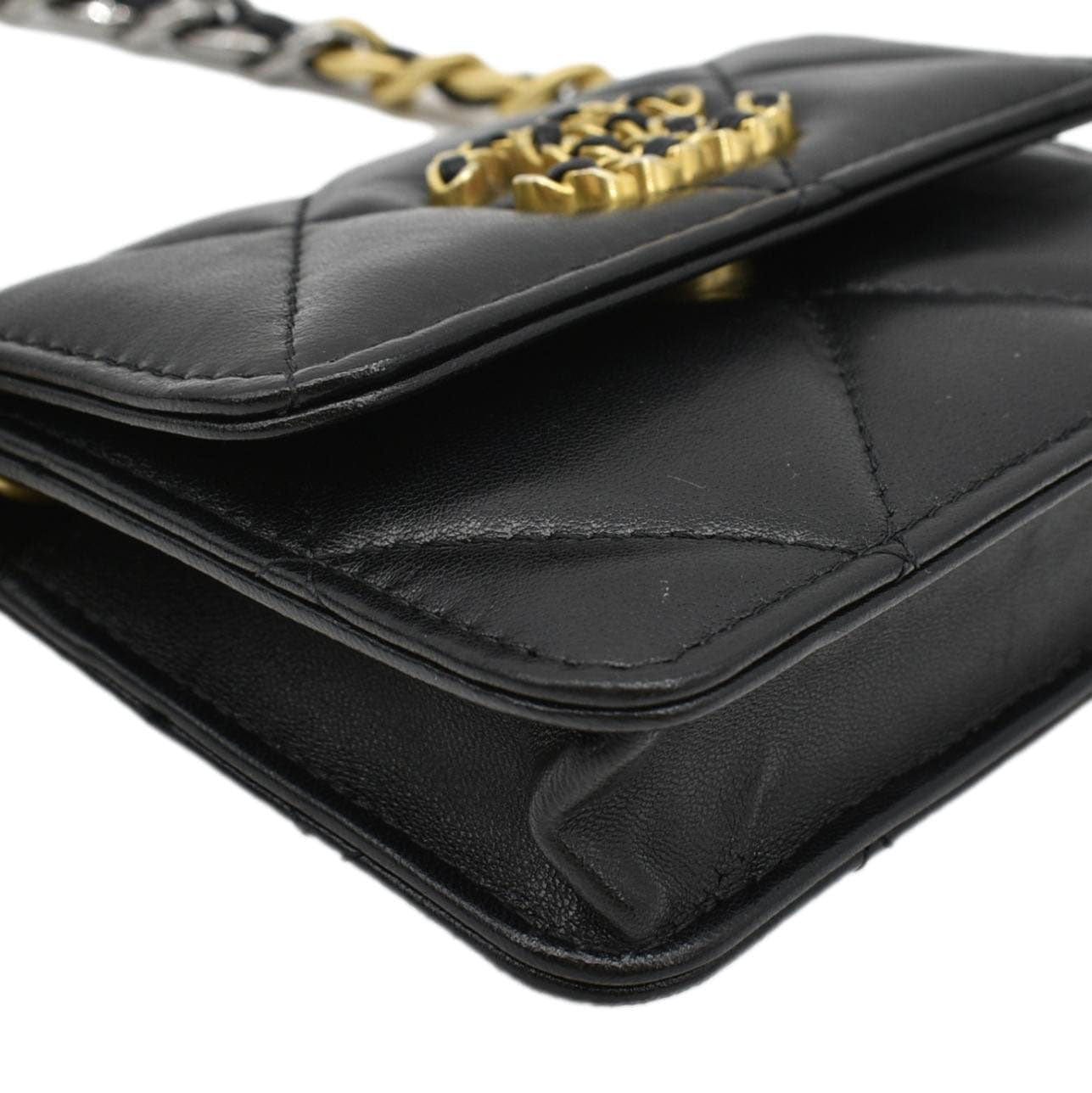 CHANEL 19 Flap Coin Purse Quilted Leather Chain Shoulder Bag Black