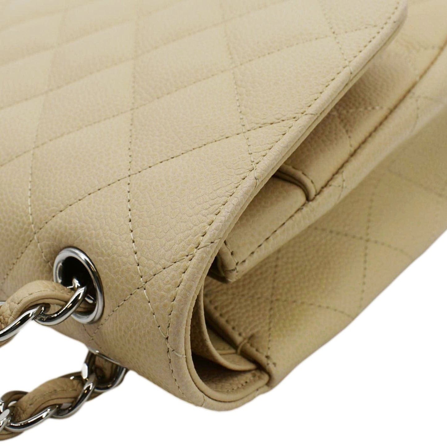 CHANEL Classic Jumbo Double Flap Quilted Caviar Leather Shoulder Bag Cream