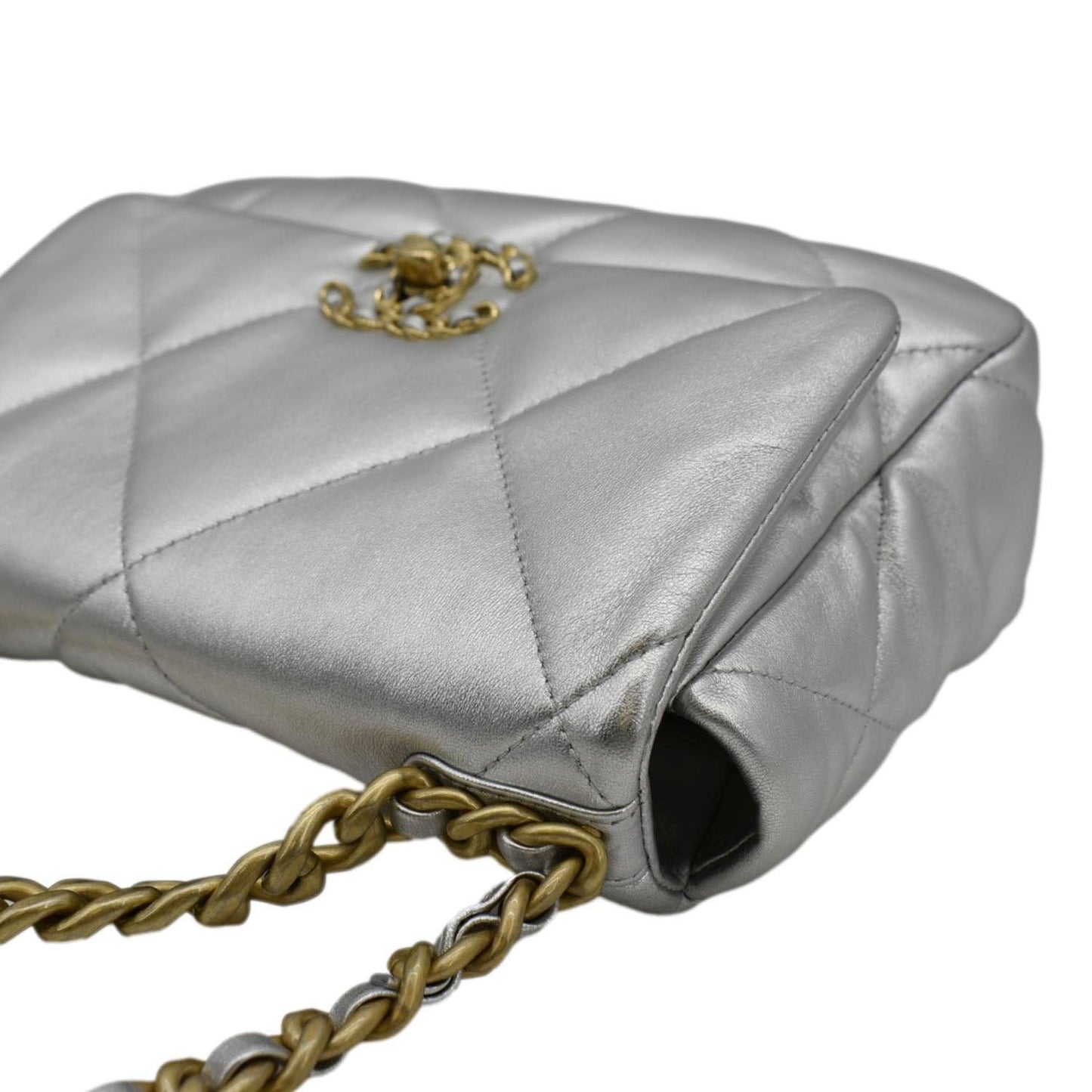 CHANEL 19 Medium Flap Quilted Leather Shoulder Bag Metallic Silver