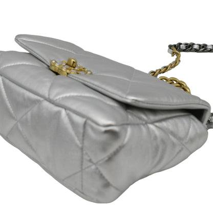 CHANEL 19 Medium Flap Quilted Leather Shoulder Bag Metallic Silver