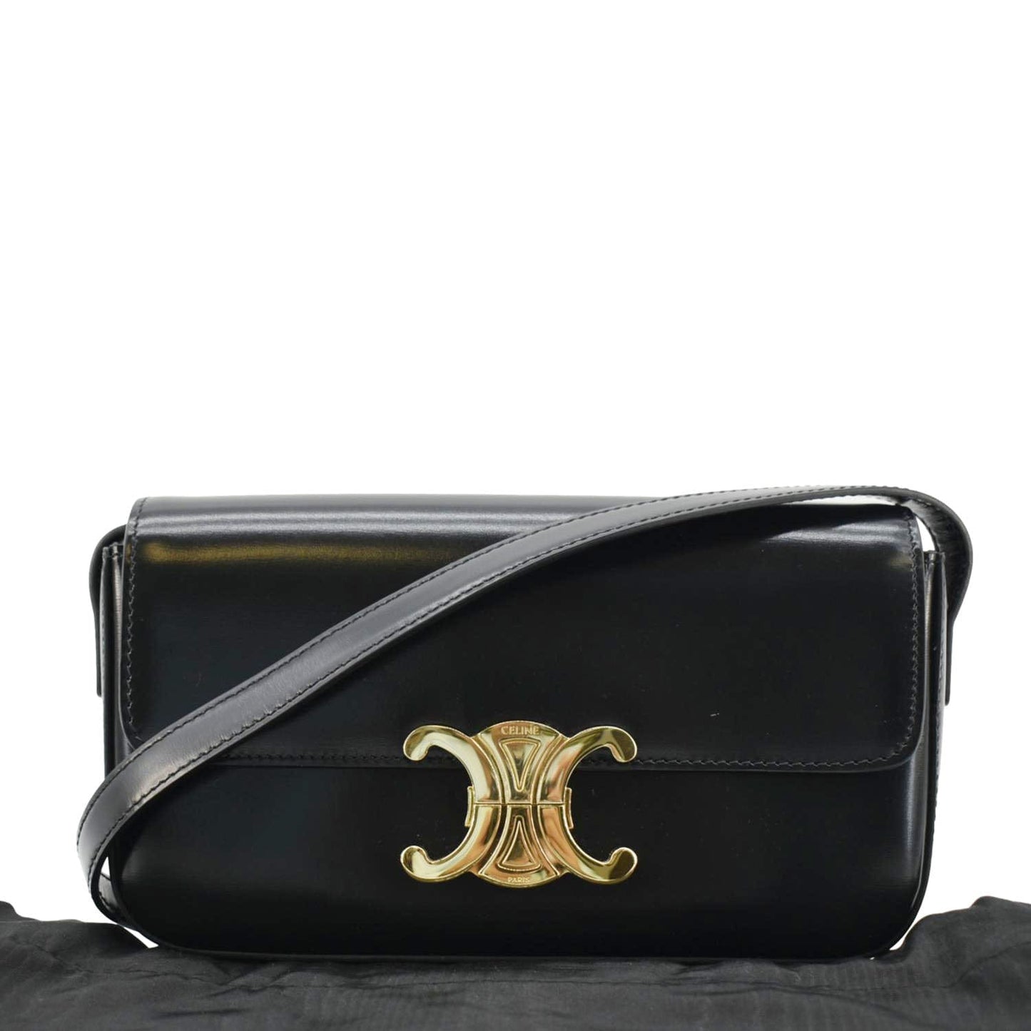 Luxury CELINE Triomphe Shiny Calfskin Leather Shoulder Bag Black
