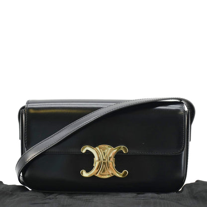 Luxury CELINE Triomphe Shiny Calfskin Leather Shoulder Bag Black