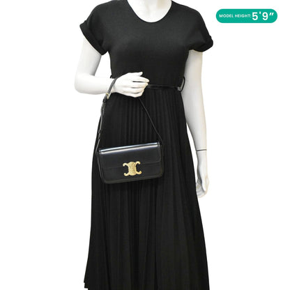 Luxury CELINE Triomphe Shiny Calfskin Leather Shoulder Bag Black