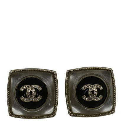 CHANEL Square Clip-on Metal Glass Pearl Strass Earrings Black
