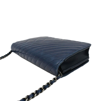 CHANEL Coco Boy Quilted Calfskin Leather Wallet On Chain Crossbody Bag Navy Blue