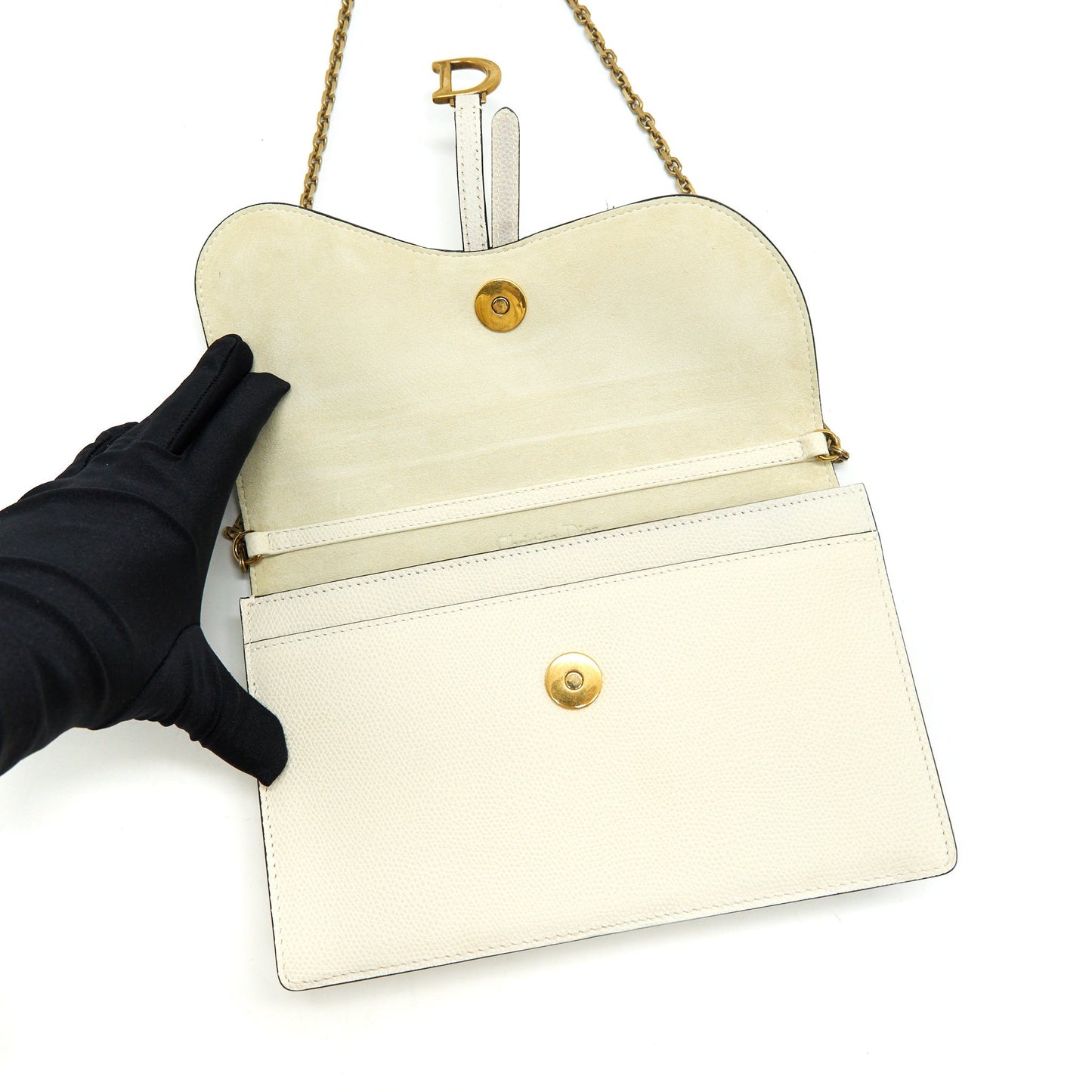 Dior saddle Pouch with Chain White GHW