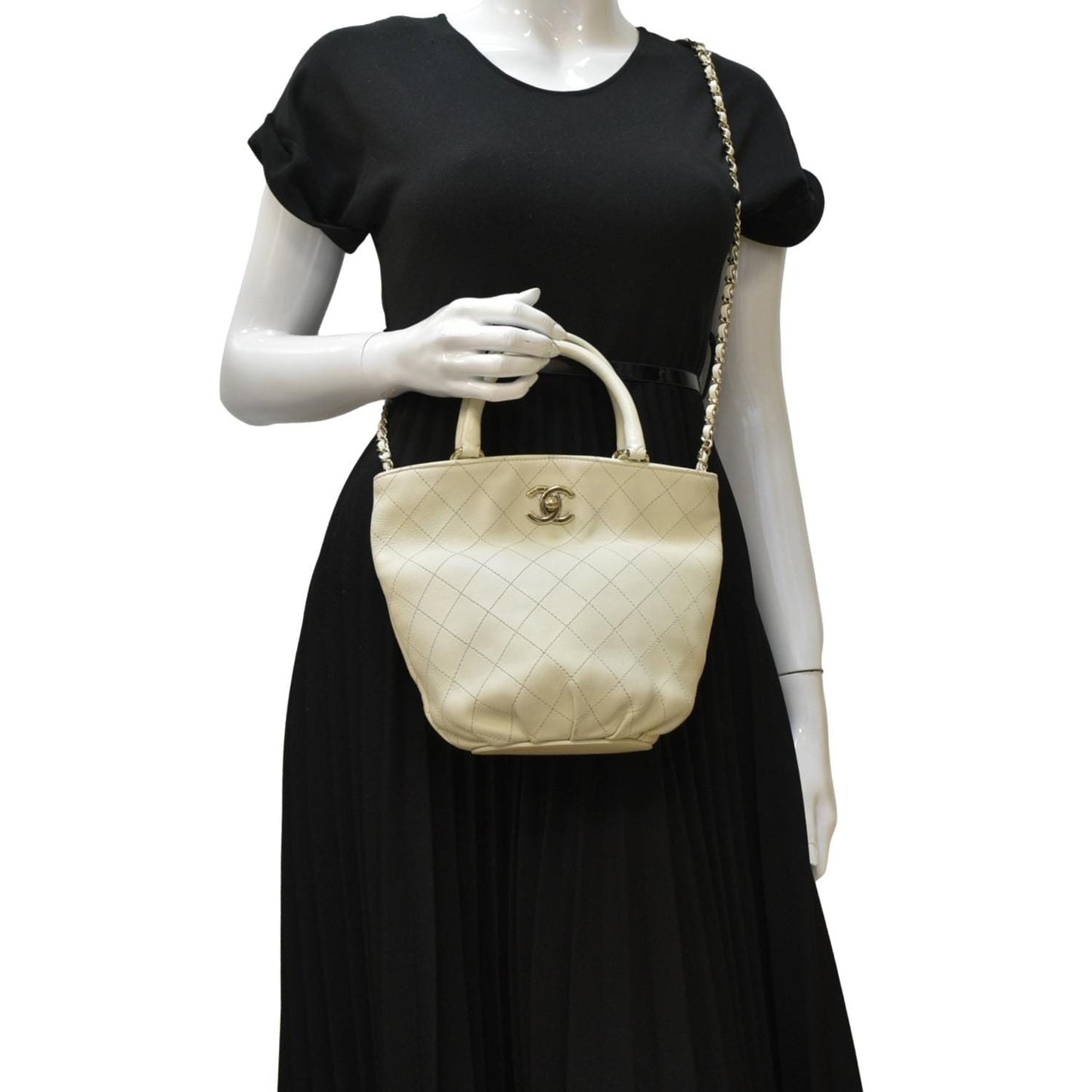 CHANEL CC Lock Bucket Stitched Leather Tote Shoulder Bag Off White