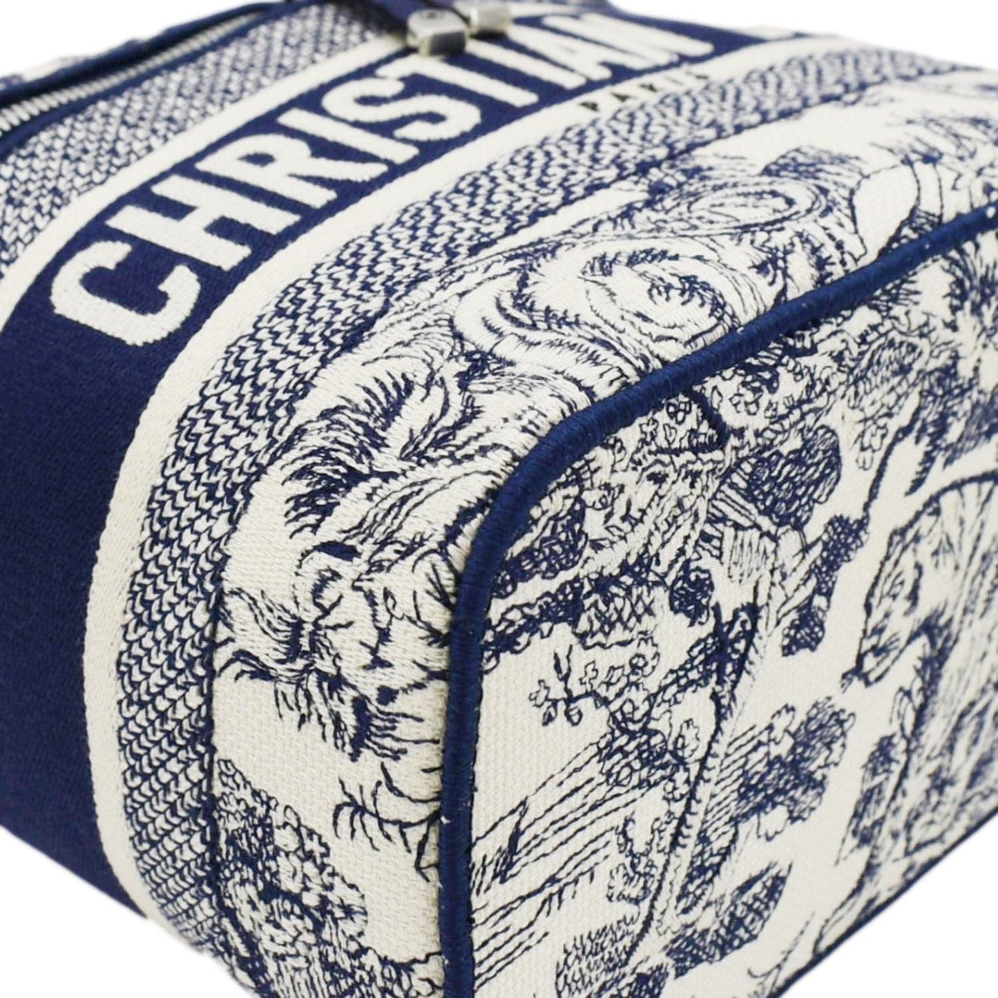 CHRISTIAN DIOR Travel Oblique Embroidery Canvas Vanity Case Blue