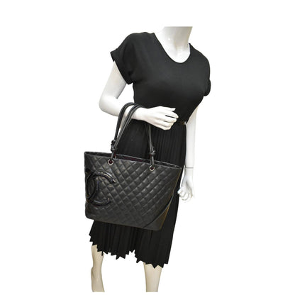 CHANEL Cambon Ligne Quilted Leather Tote Bag Black