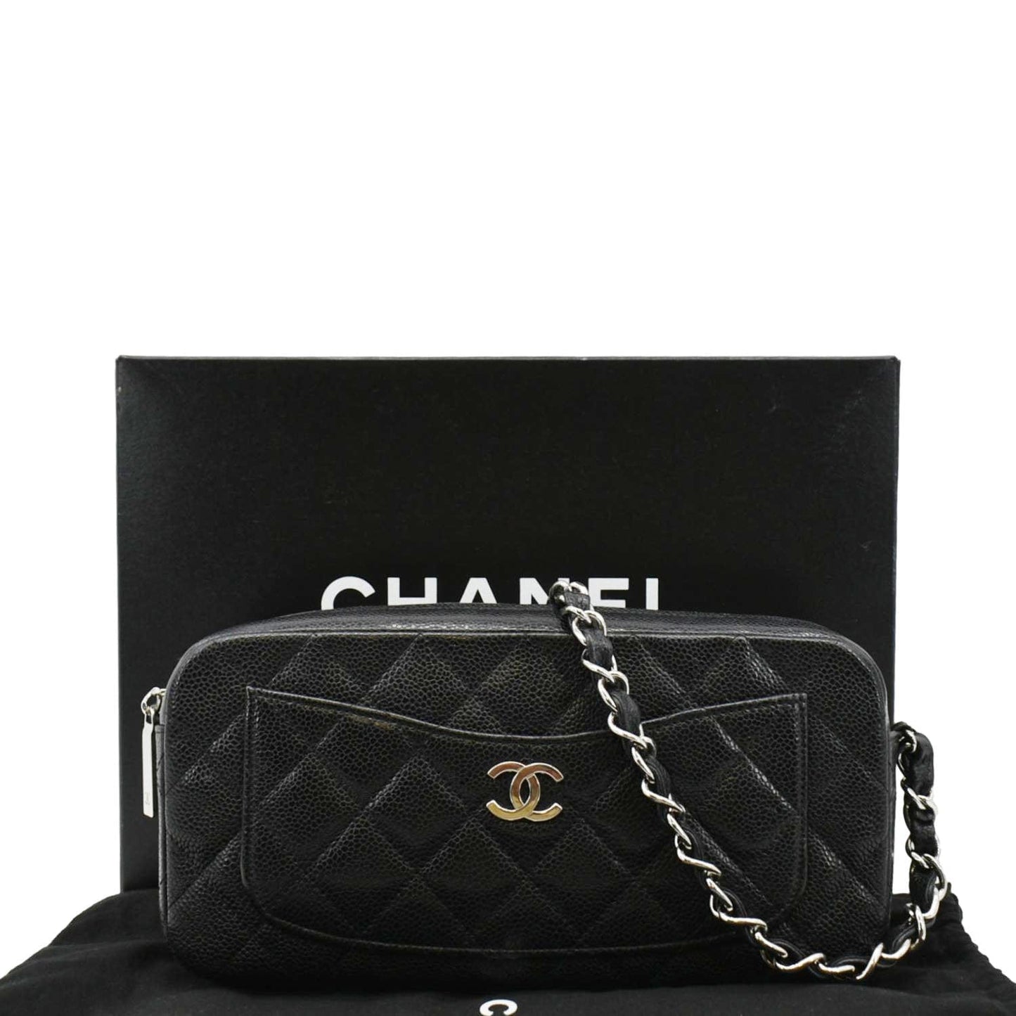 CHANEL Front Pocket Quilted Caviar Leather Chain Shoulder Bag Black