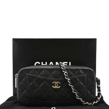 CHANEL Front Pocket Quilted Caviar Leather Chain Shoulder Bag Black