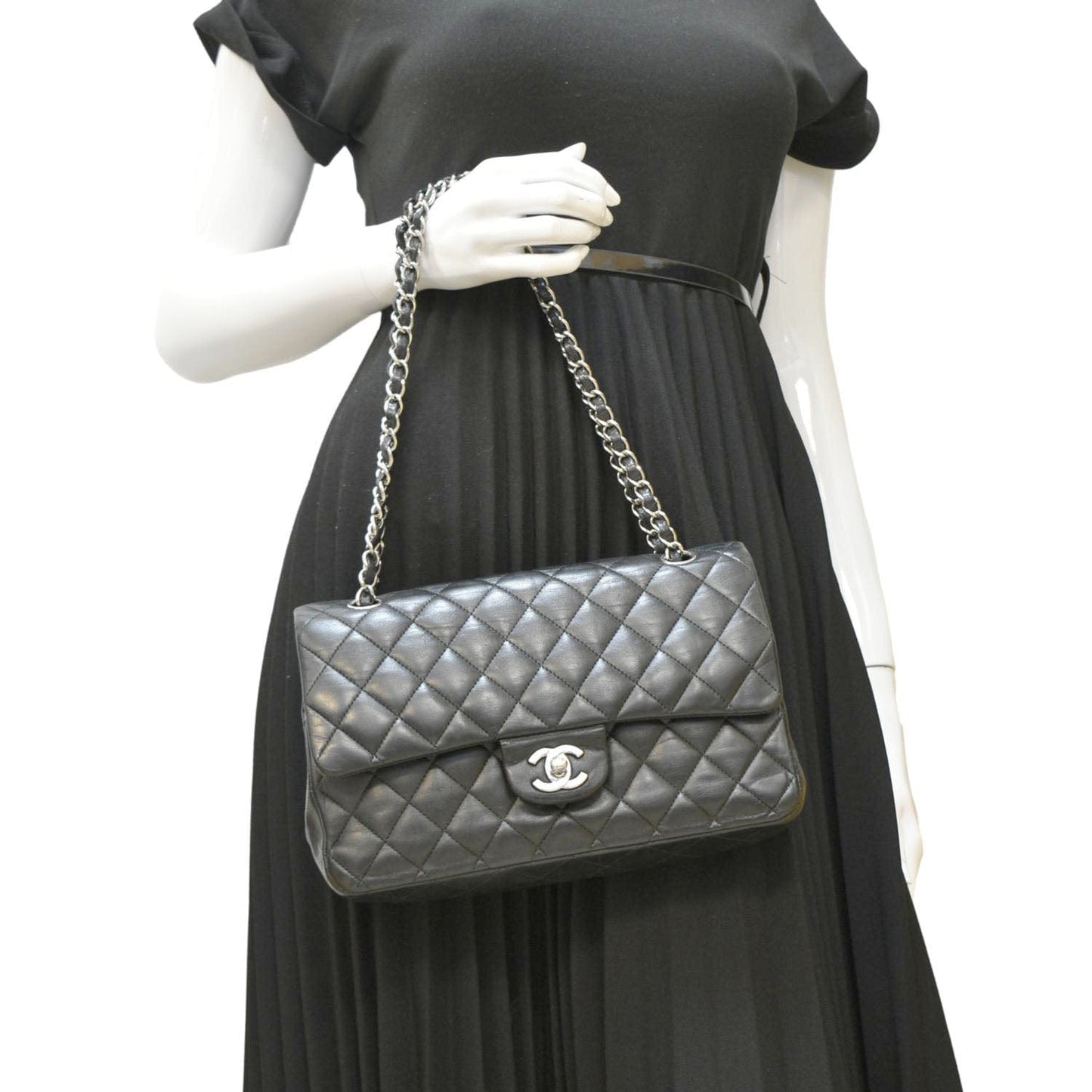 CHANEL Classic Medium Double Flap Quilted Leather Shoulder Bag Black