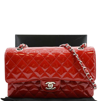 CHANEL Classic Medium Double Flap Quilted Patent Leather Shoulder Bag Red