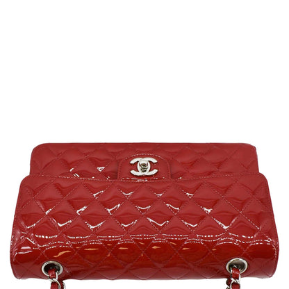 CHANEL Classic Medium Double Flap Quilted Patent Leather Shoulder Bag Red