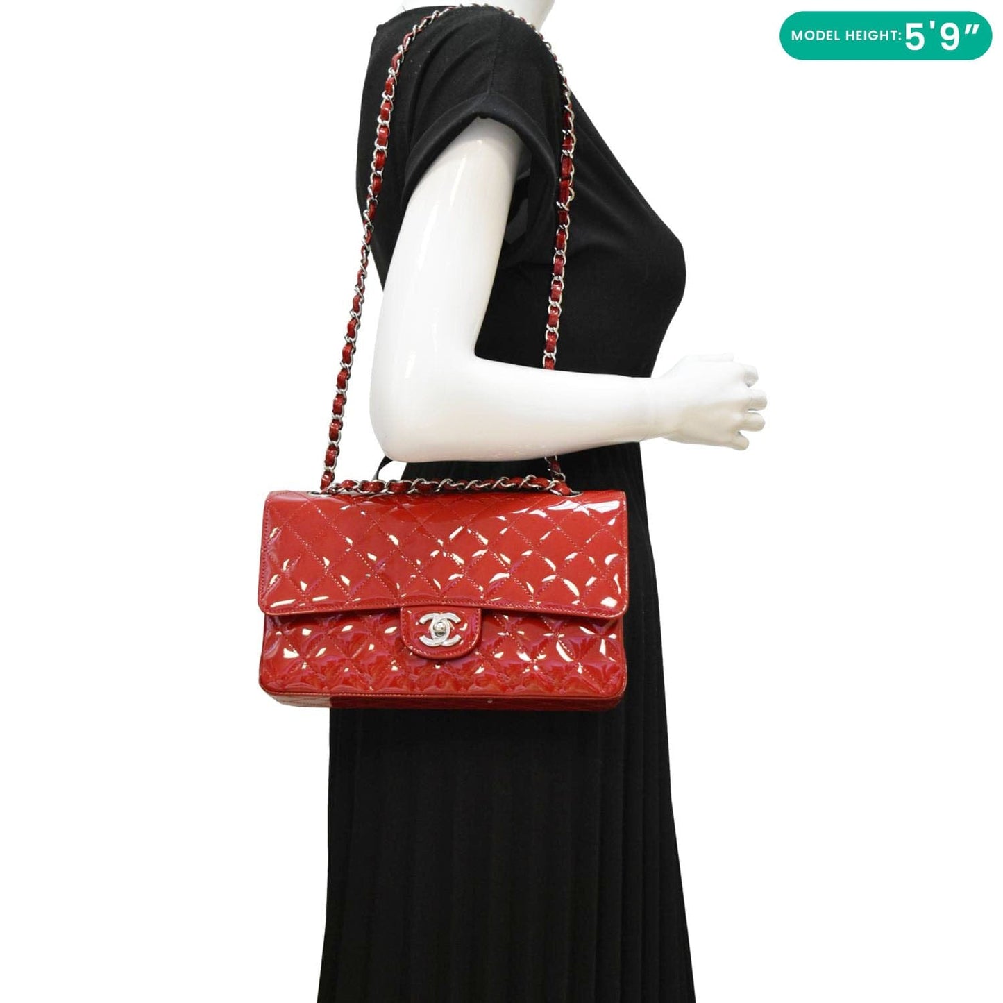 CHANEL Classic Medium Double Flap Quilted Patent Leather Shoulder Bag Red