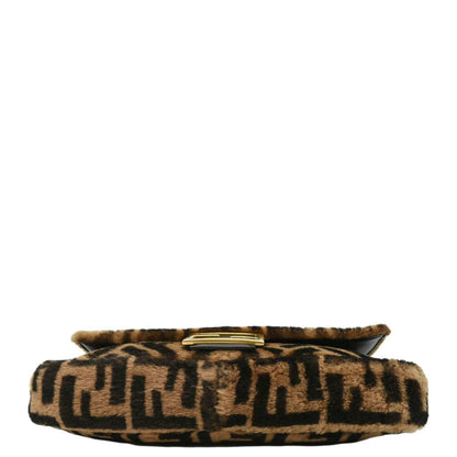 FENDI Baguette Medium FF Shearling Sheepskin Shoulder Bag Brown
