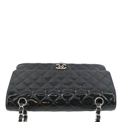CHANEL Medium Double Flap Quilted Patent Leather Shoulder Bag Olive