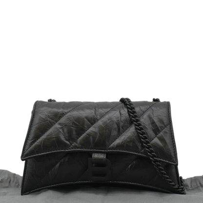 BALENCIAGA Hourglass Crushed Leather Chain Wallet Shoulder Bag Black