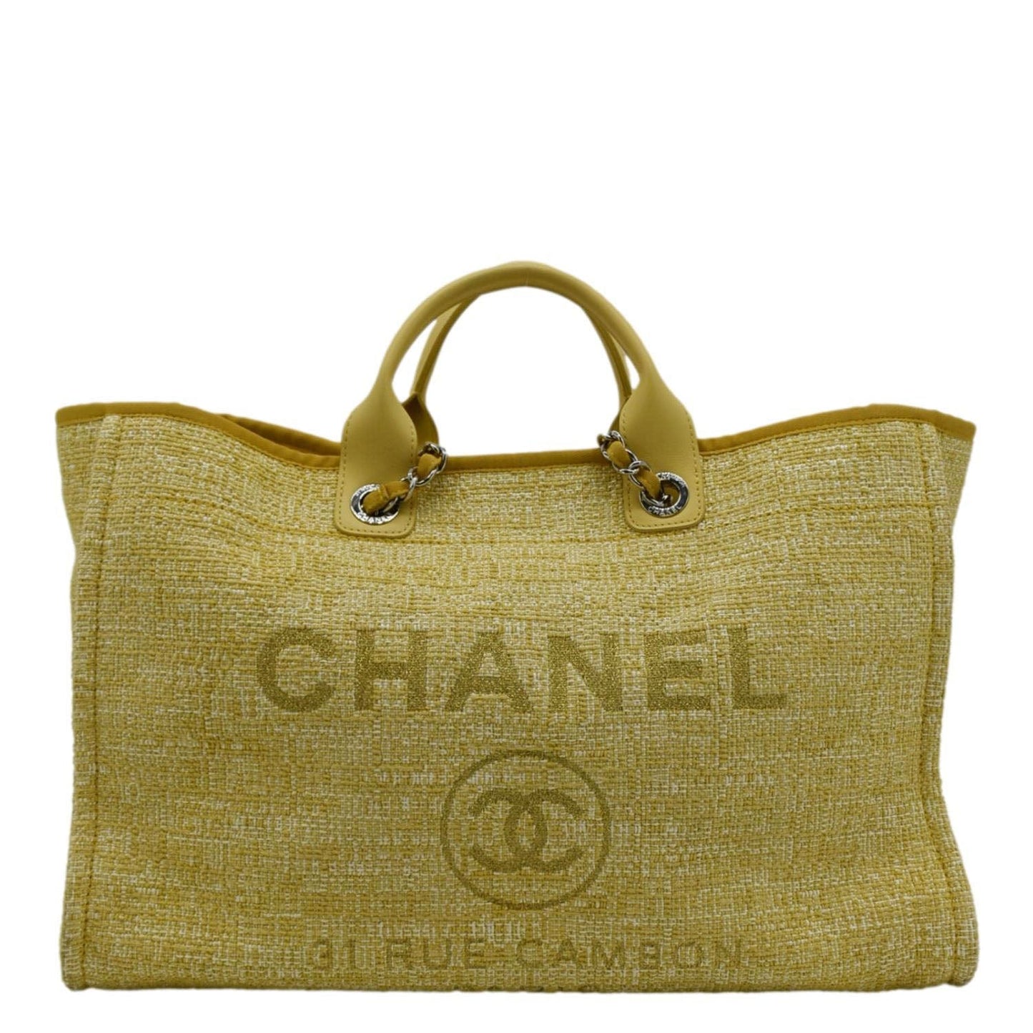 CHANEL Deauville Tweed Canvas Shopping Tote Shoulder Bag Yellow