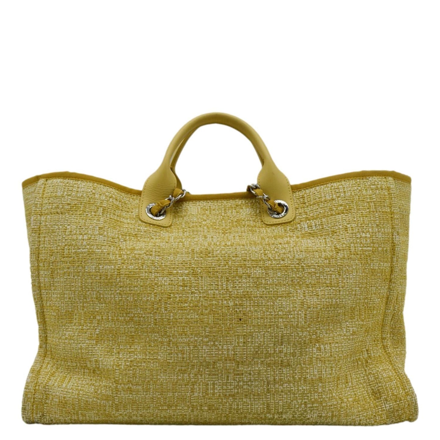 CHANEL Deauville Tweed Canvas Shopping Tote Shoulder Bag Yellow