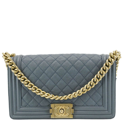 CHANEL Boy Flap Medium Caviar Quilted Leather Shoulder Bag Blue