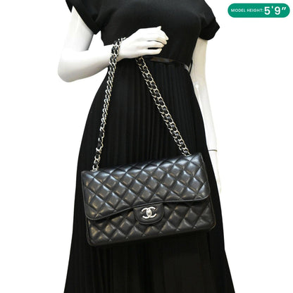 CHANEL Jumbo Double Flap Quilted Caviar Leather Shoulder Bag Black