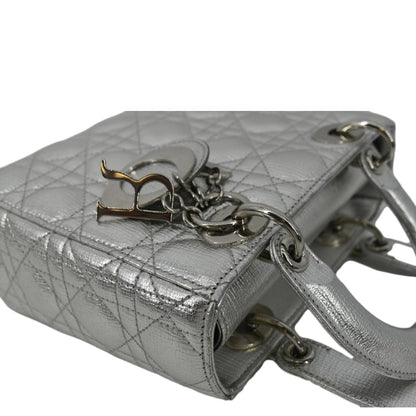 CHRISTIAN DIOR Lady Dior Lambskin Leather Shoulder Bag Metallic Silver