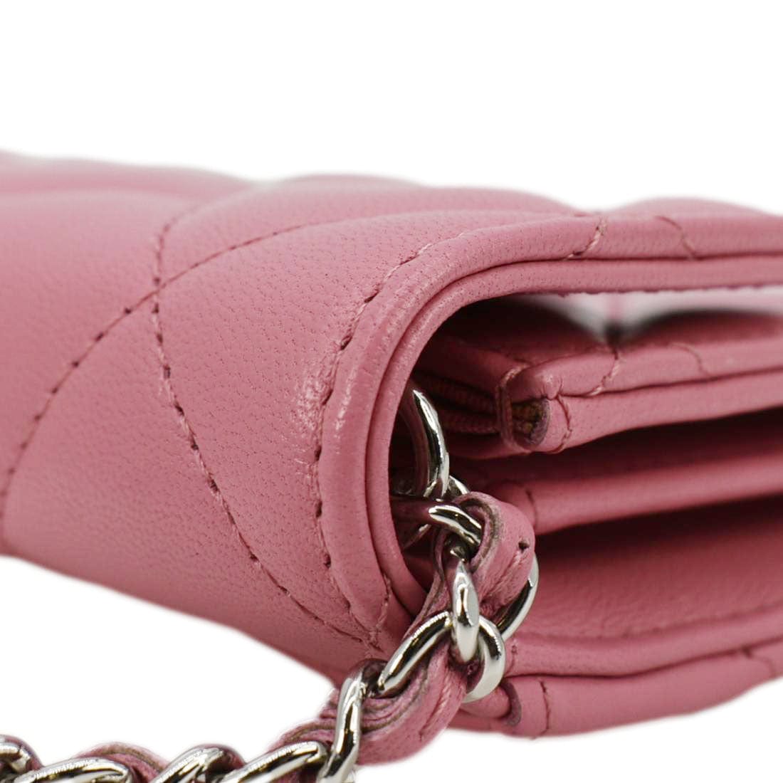 Chanel Classic Mini Flap Quilted Lambskin Leather Card Holder On Chain Pink