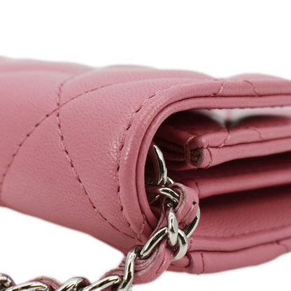 Chanel Classic Mini Flap Quilted Lambskin Leather Card Holder On Chain Pink