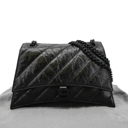BALENCIAGA Hourglass Medium Crushed Leather Chain Wallet Shoulder Bag Black