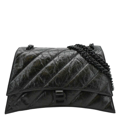 BALENCIAGA Hourglass Medium Crushed Leather Chain Wallet Shoulder Bag Black
