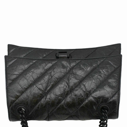 BALENCIAGA Hourglass Medium Crushed Leather Chain Wallet Shoulder Bag Black