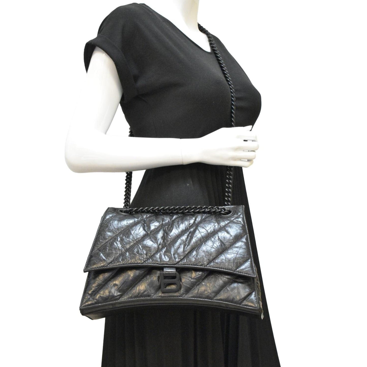 BALENCIAGA Hourglass Medium Crushed Leather Chain Wallet Shoulder Bag Black