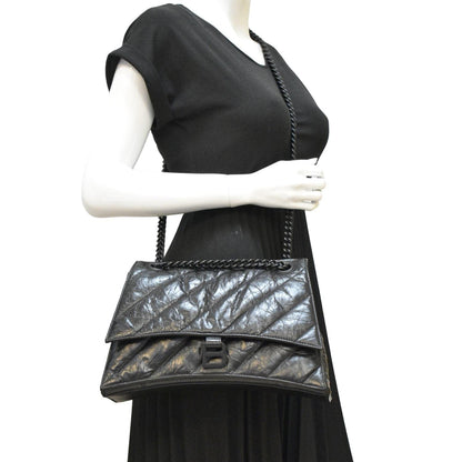 BALENCIAGA Hourglass Medium Crushed Leather Chain Wallet Shoulder Bag Black