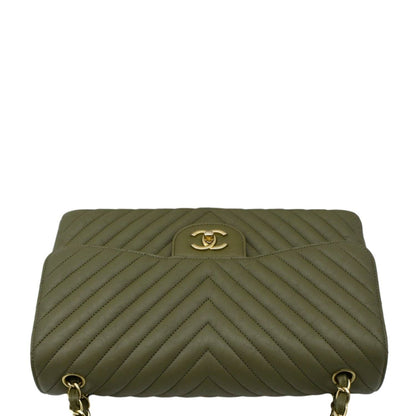 CHANEL Classic Jumbo Flap Chevron Leather Crossbody Bag Olive