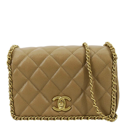 CHANEL Chain Around Flap Quilted Leather Crossbody Bag Beige