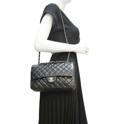 CHANEL Classic Medium Double Flap Leather Shoulder Bag Black